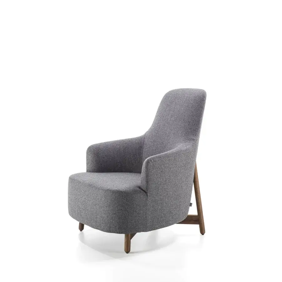 Distinguished Porada Copine Bergere armchair upholstered in speckled medium gray textile with satin brown wooden legs