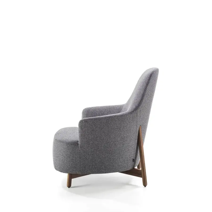 Exceptional Porada Copine Bergere armchair upholstered in speckled medium-gray textile with satin-finish medium-brown wood base