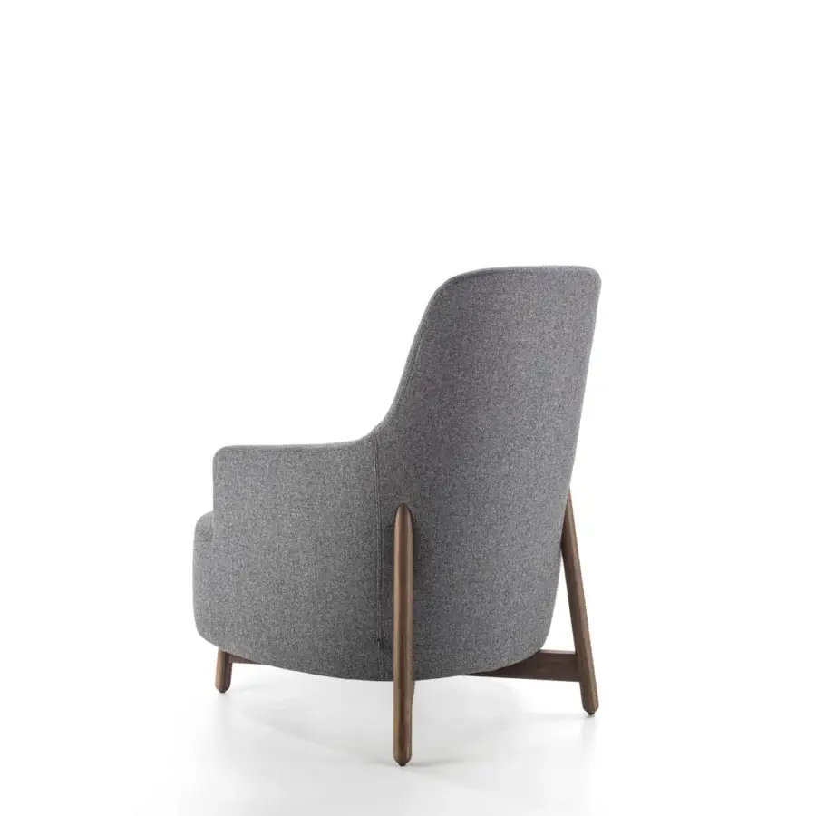 Sophisticated Porada Copine Bergere armchair upholstered in heathered medium-gray textile with satin-finish wood frame
