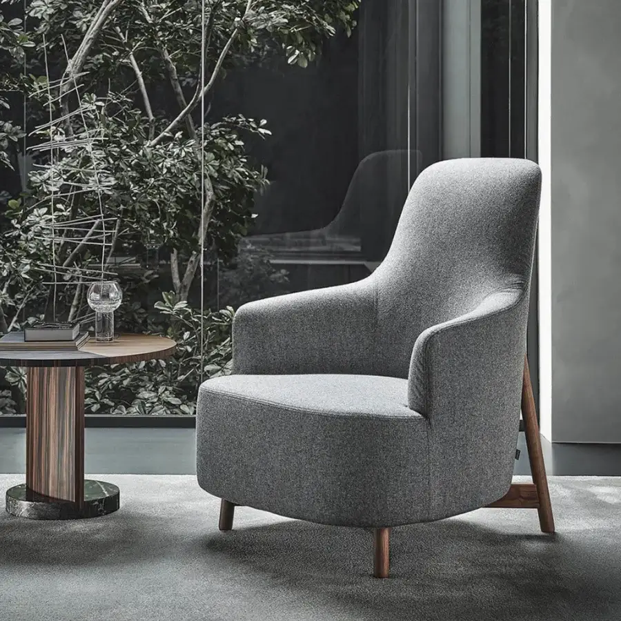 Lavish Porada Copine Bergere armchair upholstered in medium gray textile with satin-finish wooden legs