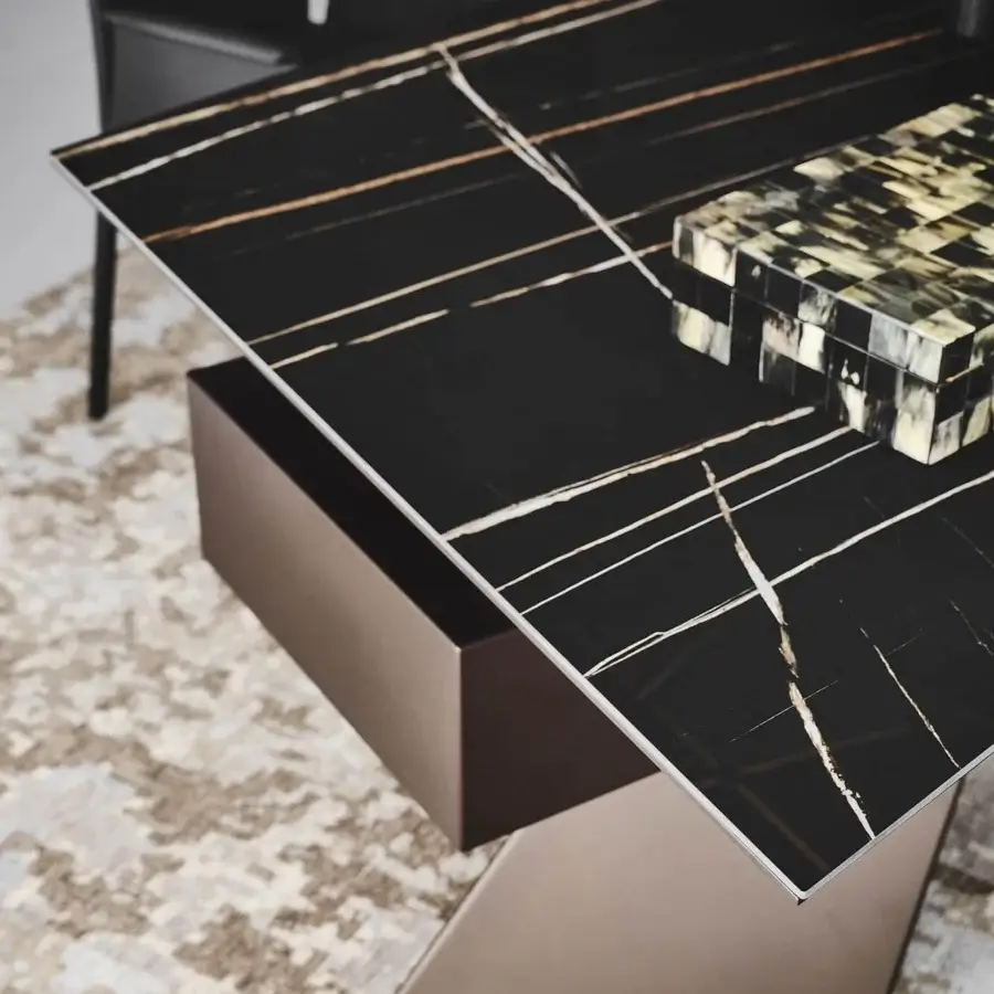 Elegant Cattelan Italia Nasdaq Keramik desk with marmi ceramic top and matte bronze embossed lacquered steel leg