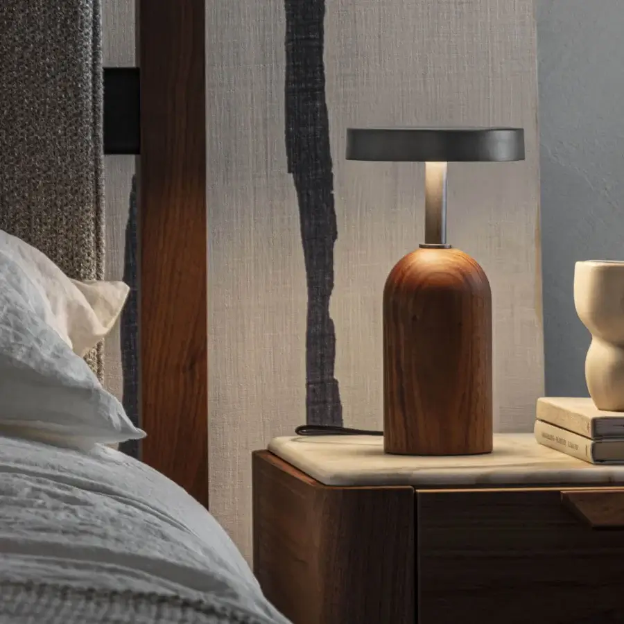 Distinguished Porada Ekero Fix table lamp crafted in Canaletto walnut with pewter-grey metal and satin finish providing soft illumination