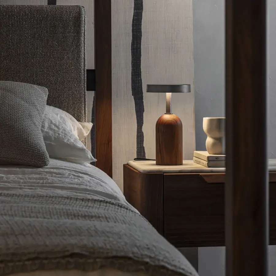 Elegant Porada Ekero Fix table lamp crafted in Canaletto walnut with a satin finish and pewter-grey metal stem with a matte black diffuser