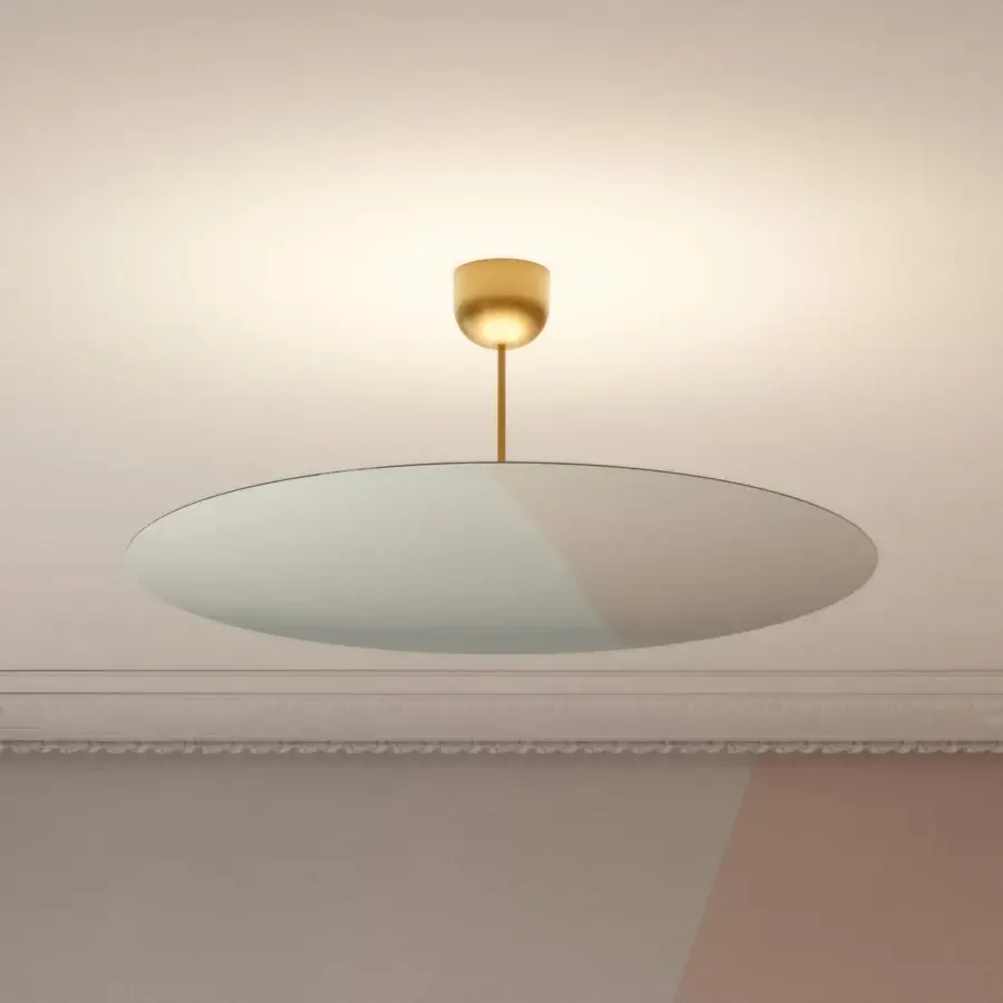 Exceptional Luceplan Millimetro suspension lamp in light gray-blue with warm gold cylindrical housing and satin metal finish