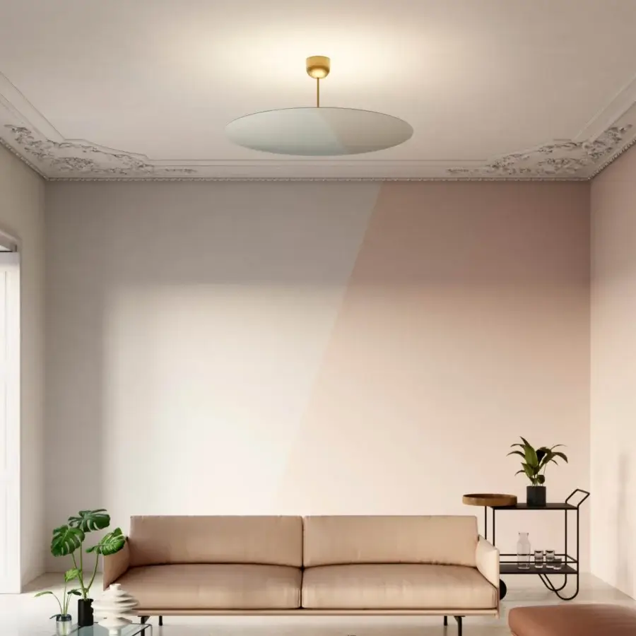 Sophisticated Luceplan Millimetro suspension lamp in soft white and pale blue with a mirror finish and refined upper cap