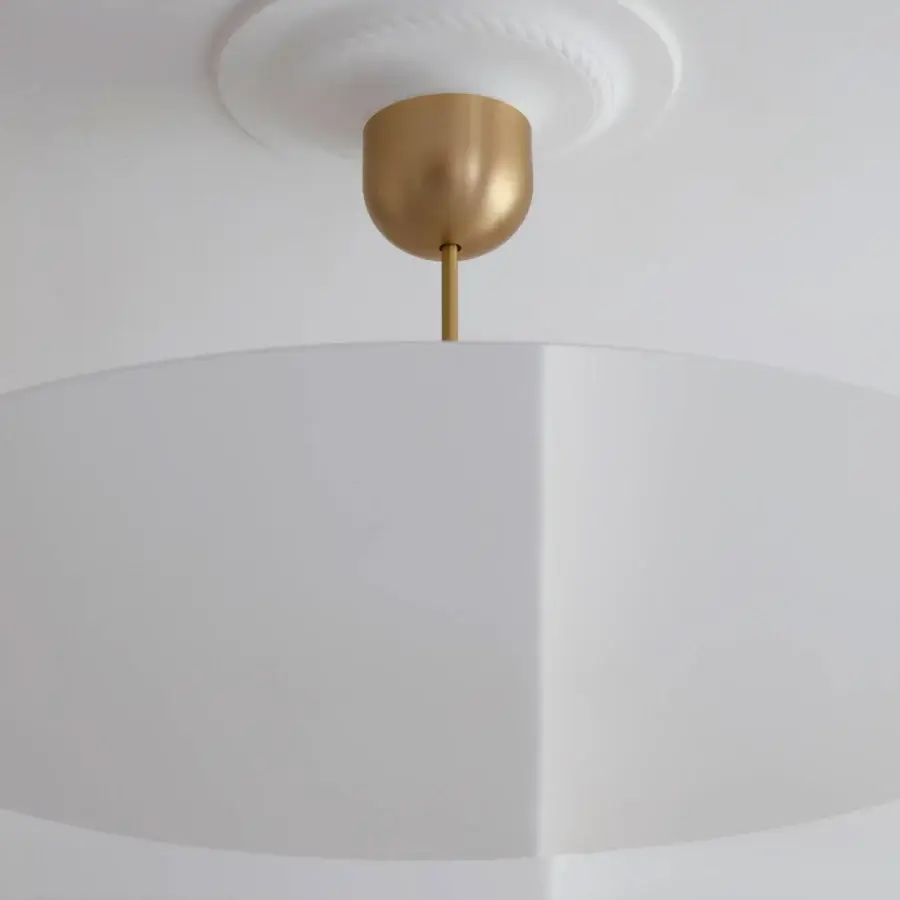 Elegant Luceplan Millimetro suspension lamp with a white lampshade and muted gold satin-finish metal stem