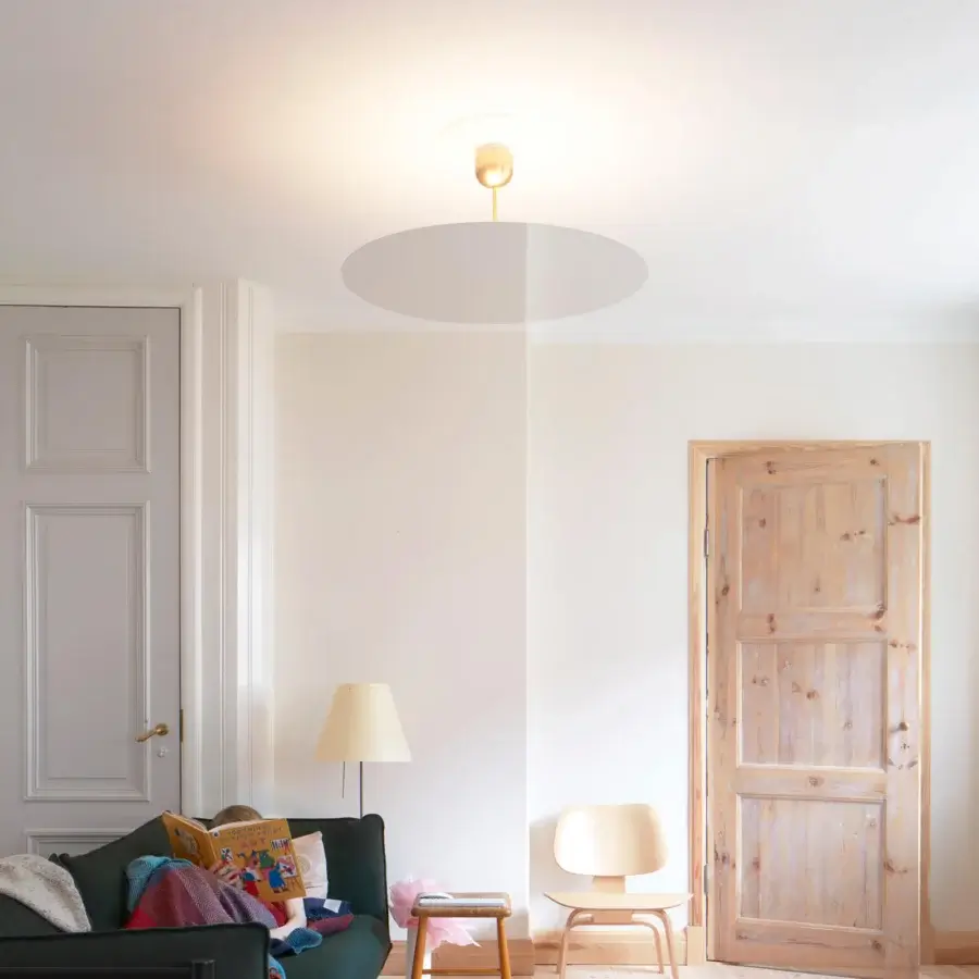Elegant Luceplan Millimetro suspension lamp crafted in pale gold metal with a mirror finish and diffused glow