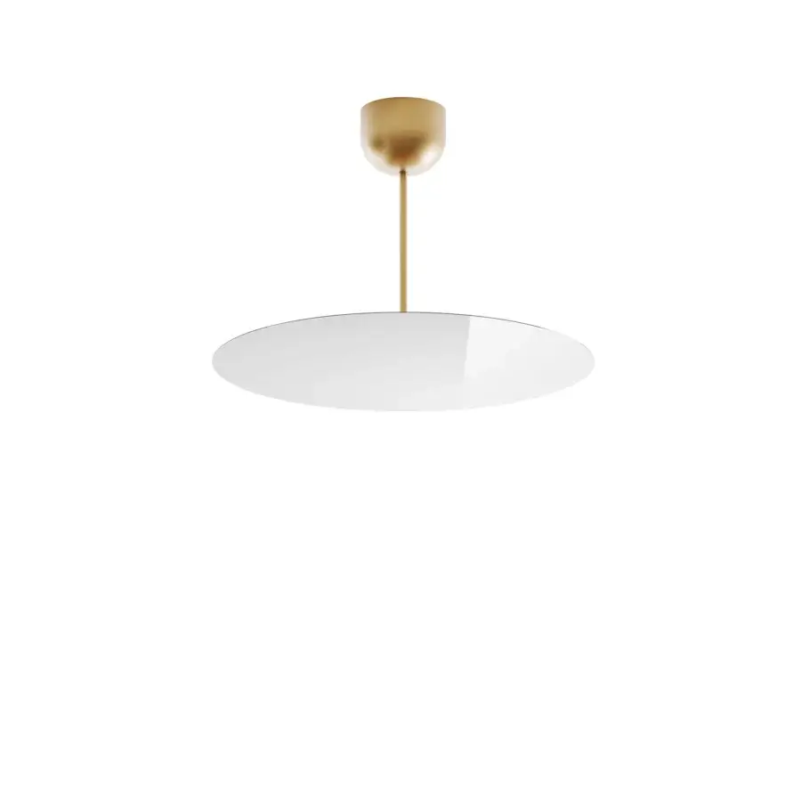 Elegant Luceplan Millimetro suspension lamp with a mirror finish and brass-toned metal stem crafted in glossy white