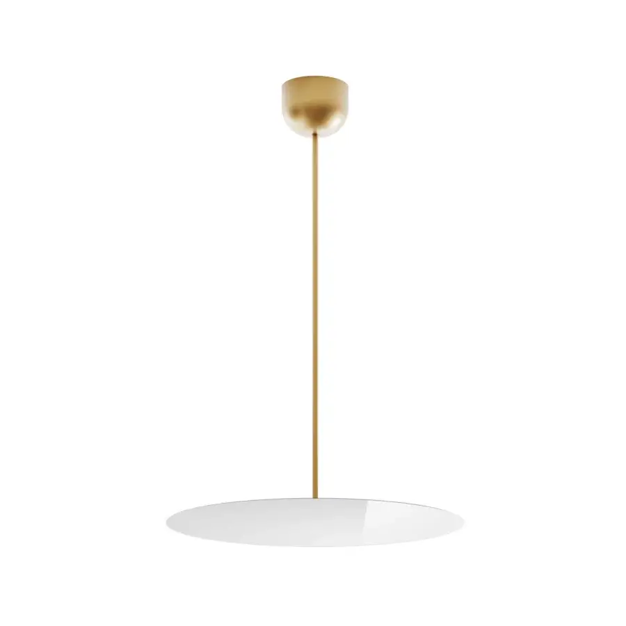 Distinguished Luceplan Millimetro suspension lamp in white metal with a glossy mirror finish and golden stem