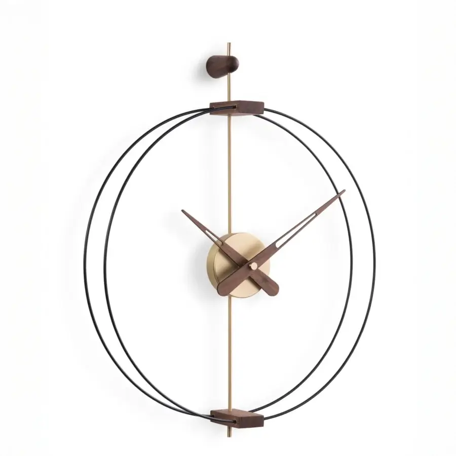 Elegant Nomon Micro Barcelona wall clock with black fiberglass and walnut elements exhibiting a refined visual balance