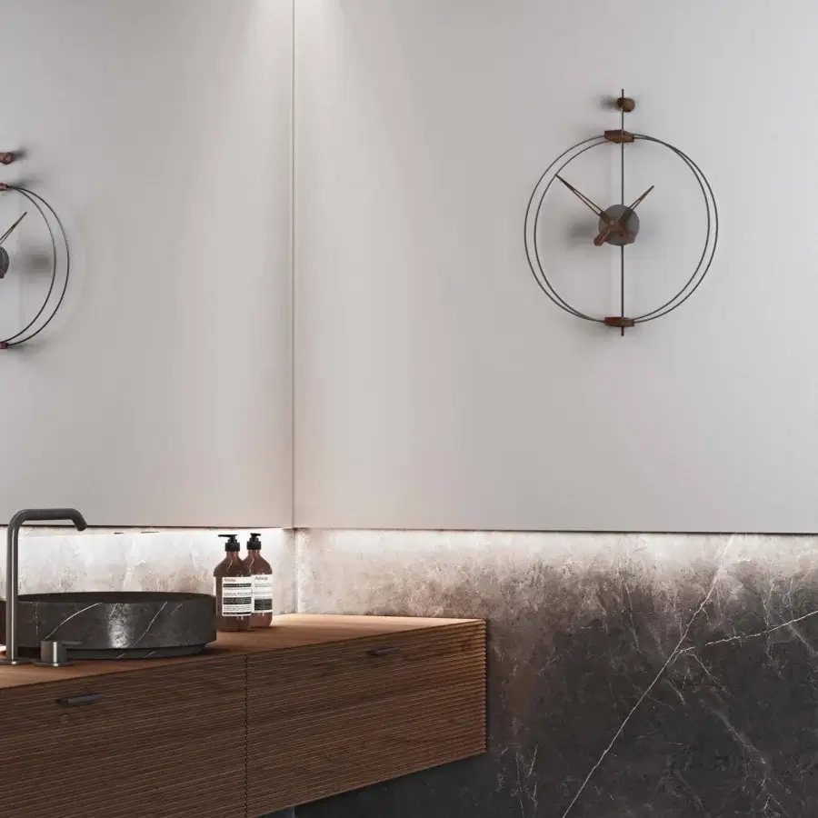 Exceptional Nomon Micro Barcelona wall clock with black fiberglass and elegant walnut elements crafted with fine metal details