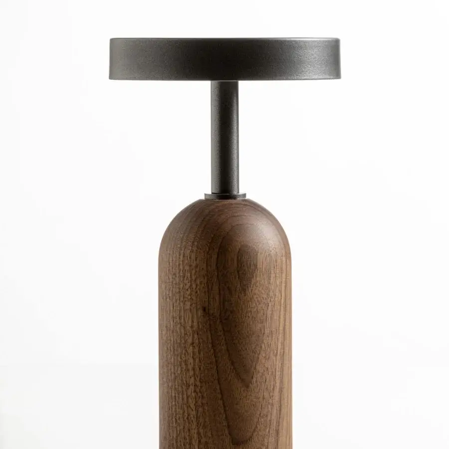 Superior Porada Ekero Move lamp with a cylindrical Canaletto walnut base and pewter-grey metal stem crafted in satin finish illumination