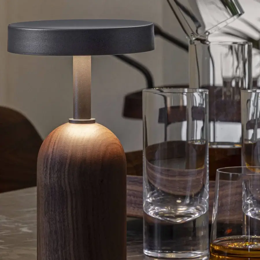 Exceptional Porada Ekero Move lamp with Canaletto walnut base and pewter-grey metal stem in a matte finish