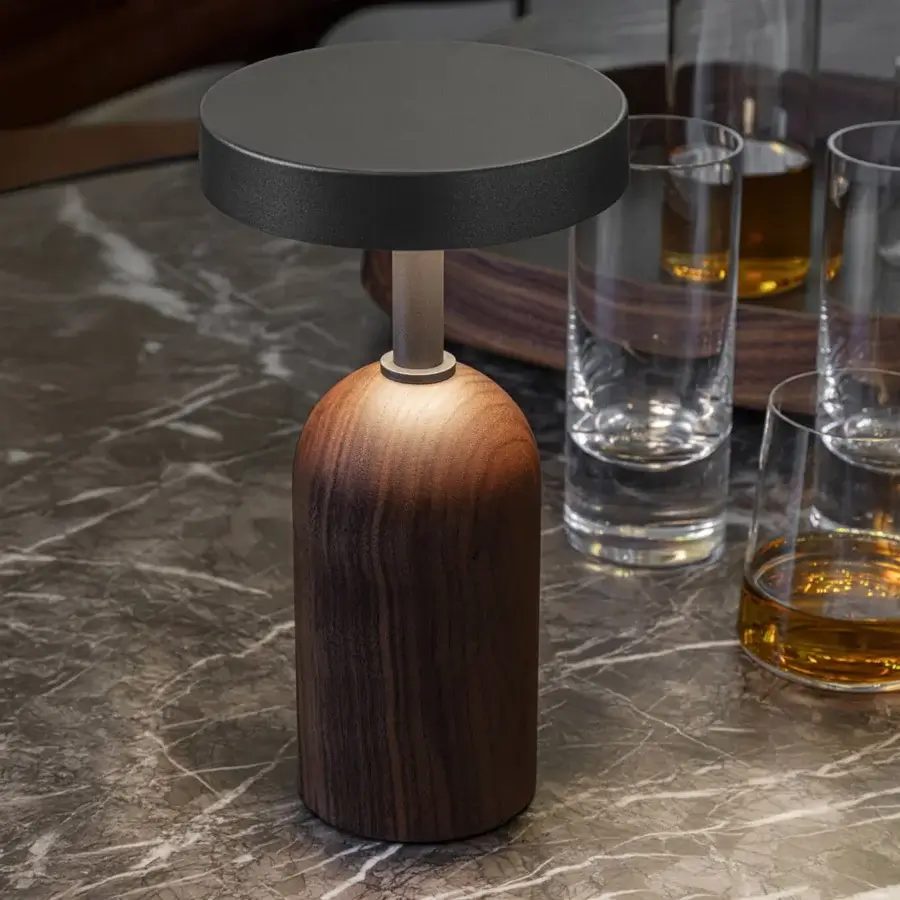 Distinguished Porada Ekero Move lamp with Canaletto walnut base, pewter-grey metal stem and matte dark gray lampshade crafted in Italy