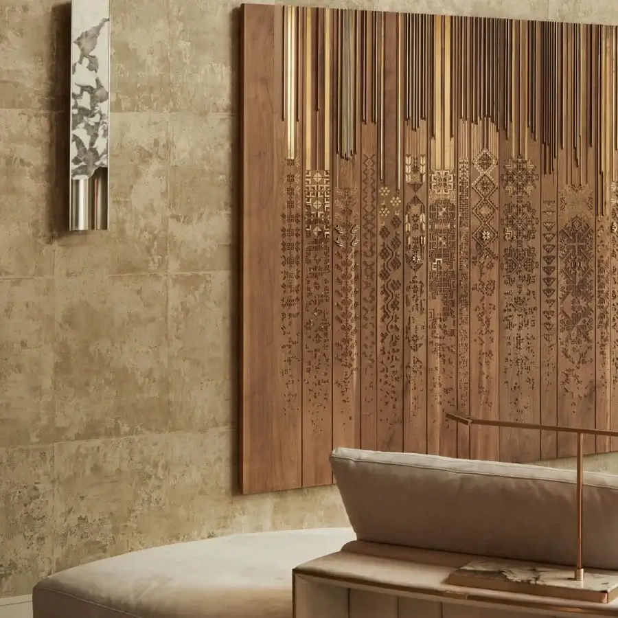 Exceptional Visionnaire Polaris wall lamp with contoured aluminum, backlit marble, and a rough-cut edge showcasing contrasting finish
