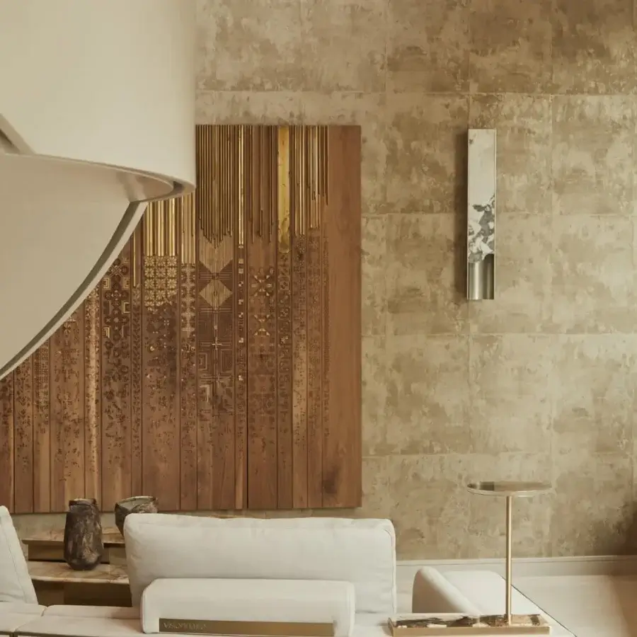 Superior Visionnaire Polaris wall lamp with contoured aluminum, backlit marble, and a satin finish