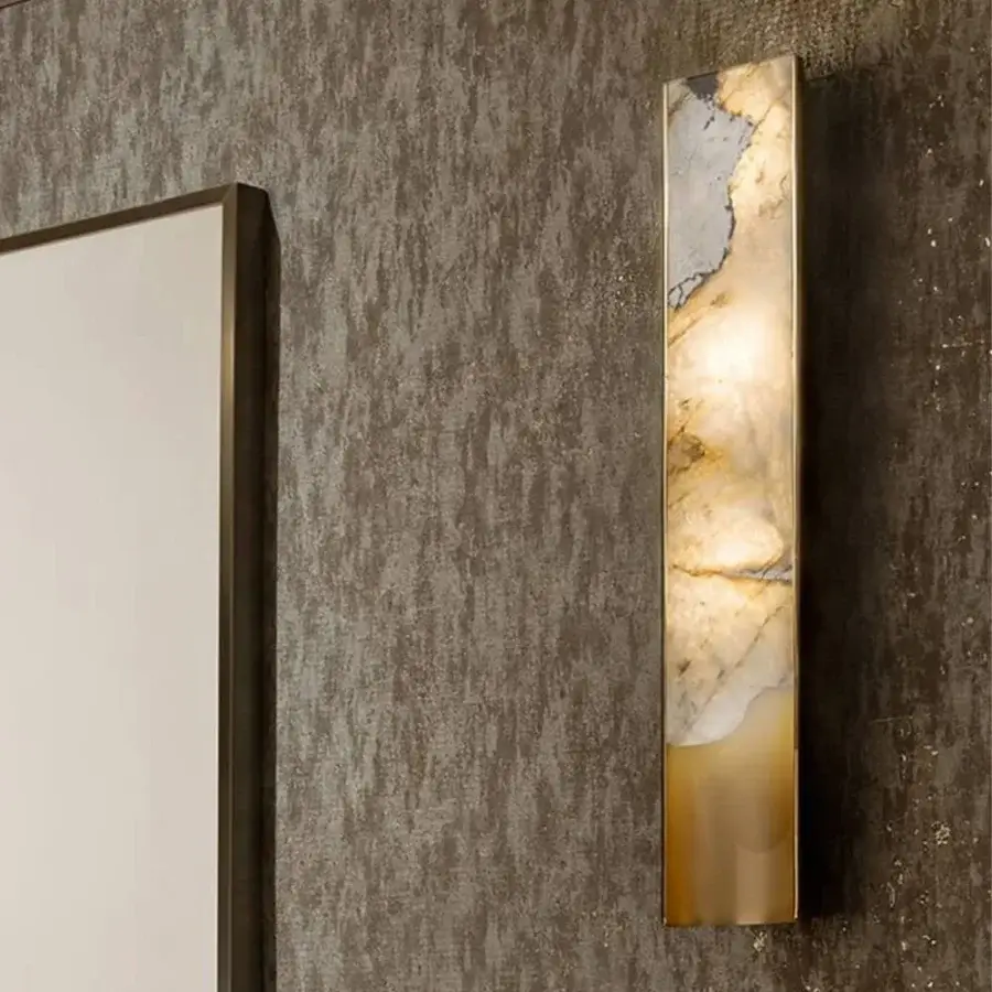 Exceptional Visionnaire Polaris wall lamp with contoured aluminum, white marble, golden veining, glossy exterior and satin finish