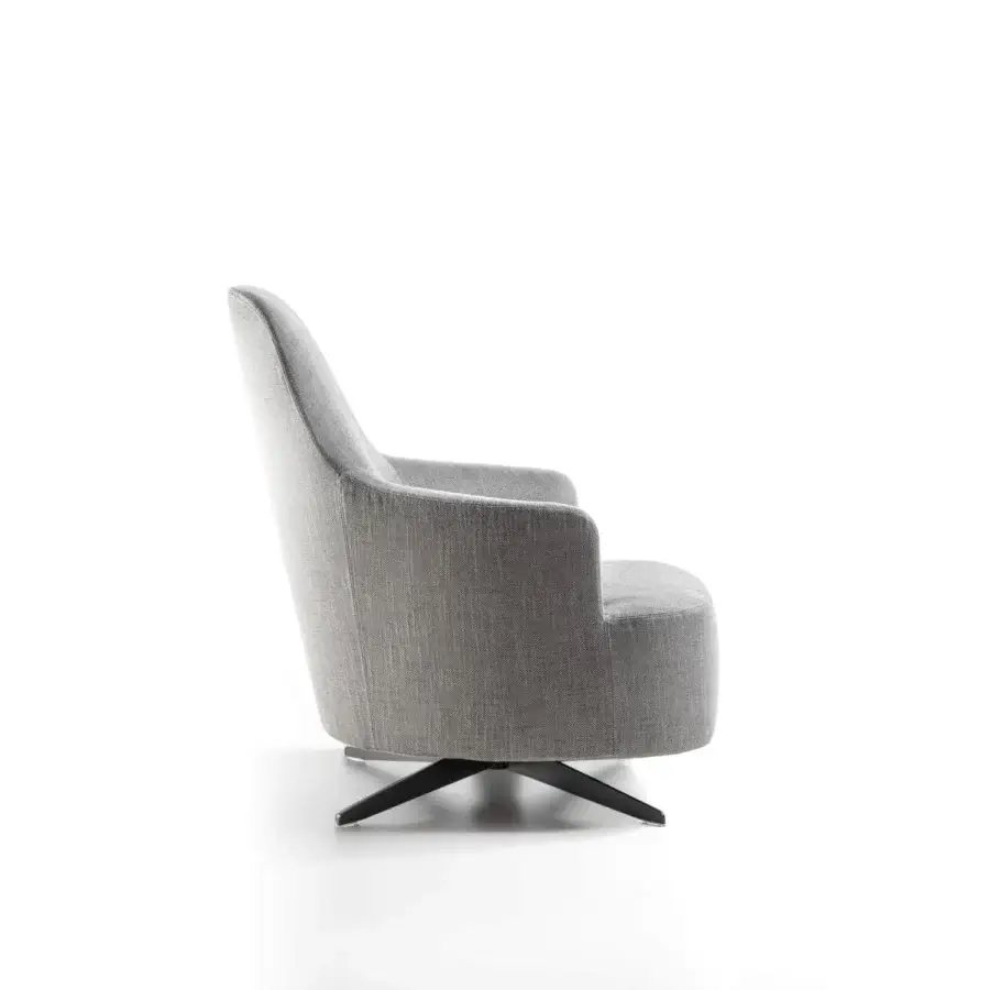 Distinguished Porada Copine Bergere armchair with light gray woven textile upholstery and dark-toned metal swivel base