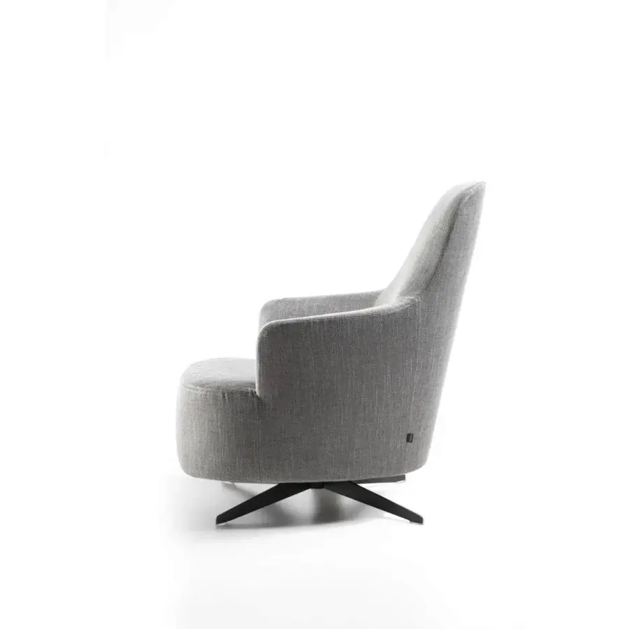 Lavish Porada Copine Bergere armchair in light gray textile upholstery with a satin finish metal base