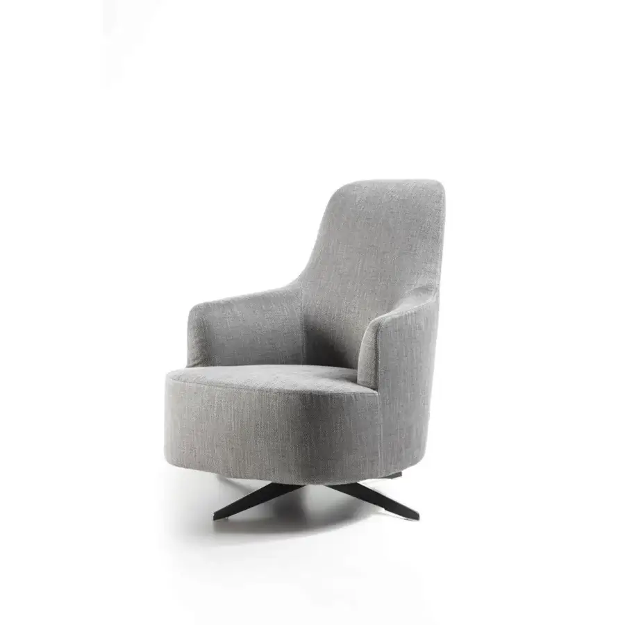 Superior Porada Copine Bergere armchair upholstered in subtly textured gray textile with a dark satin finish metal base