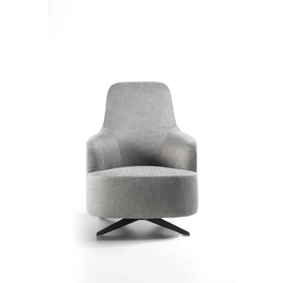 Exceptional Porada Copine Bergere armchair upholstered in textured neutral gray textile with satin finish metal base
