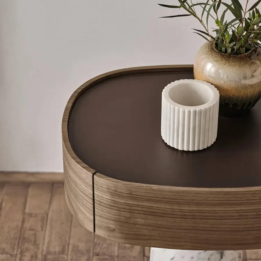 Superior Porada Ekero nightstand with walnut finished wood and white Carrara marble built with a scratch-resistant titanium interior