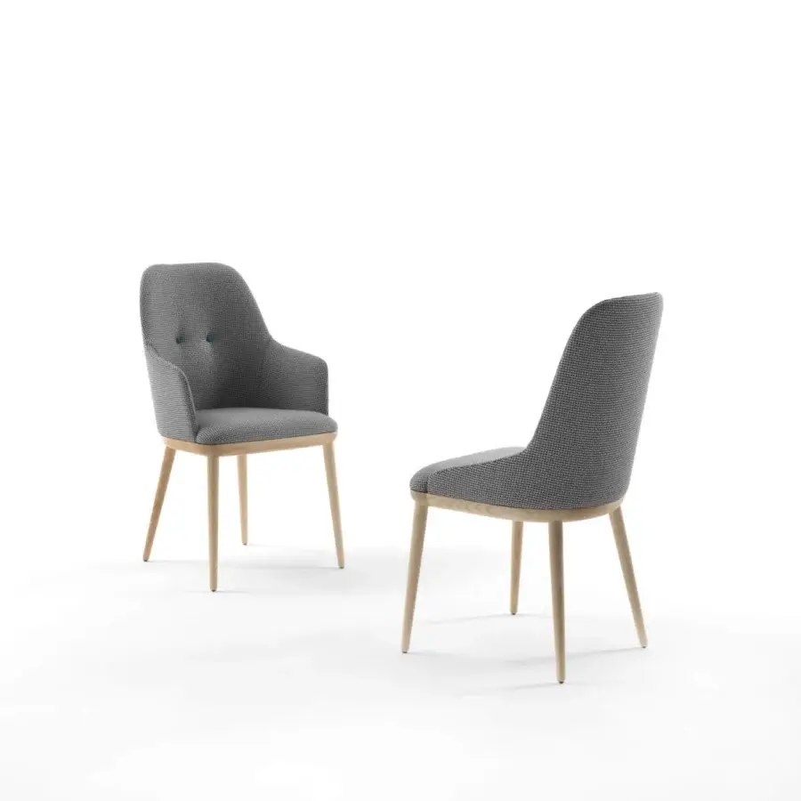 Exceptional Porada Connie chair with curved Canaletta Walnut frame and dark-on-light patterned textile upholstery with blue buttons