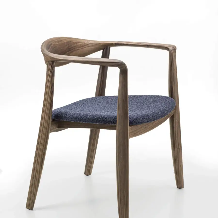 Superior Porada Frida armchair with sculpted solid canaletto walnut frame and dark blue textured upholstery in satin finish