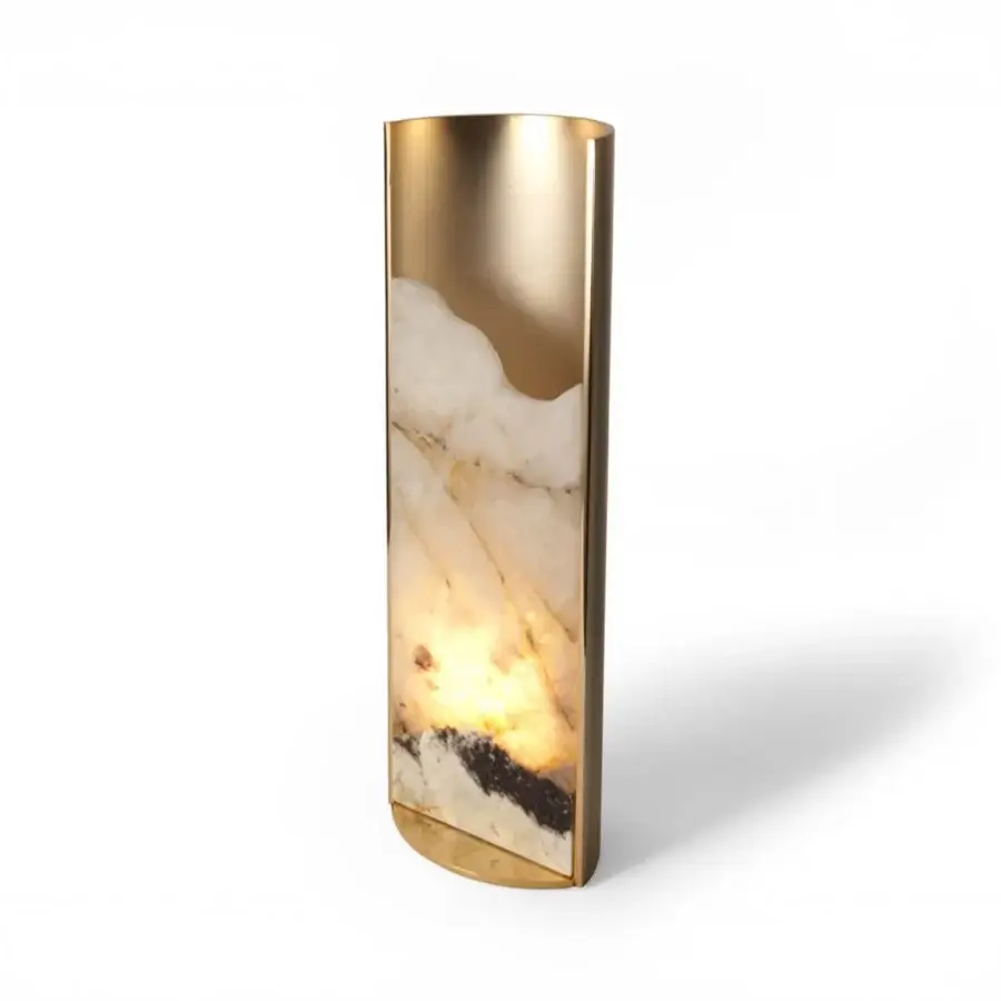 Elegant Visionnaire Polaris lamp crafted with curved aluminum, golden exterior, satin interior, and backlit marble diffuser