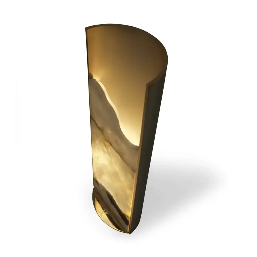 Distinguished Visionnaire Polaris lamp crafted with curved aluminum, backlit marble diffuser, satin and polished finish