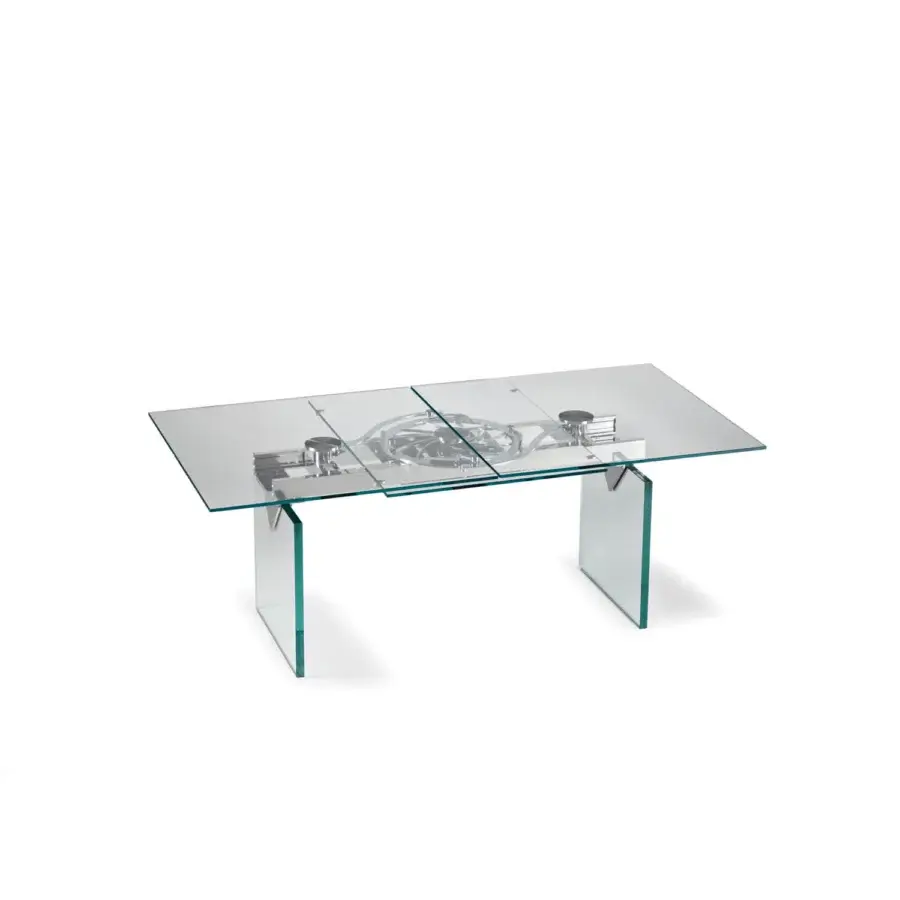 Elegant Naos Quasar table crafted in clear glass with stratified glass legs and a polished silver-toned metallic center