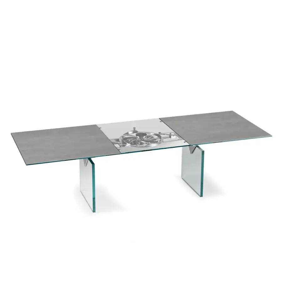 Superior Italian Naos Quasar table crafted with gray textured matte finish and clear angled glass legs