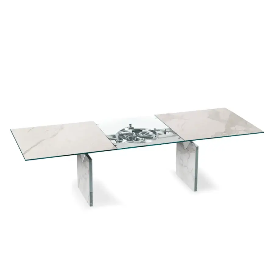Distinguished Naos Quasar table crafted with gray and white marble-patterned glass and polished stratified glass legs with chrome finish