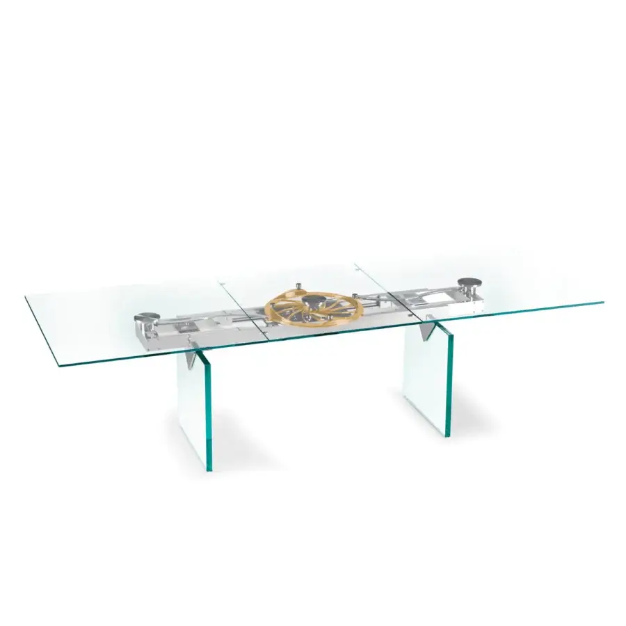Exceptional Naos Quasar table crafted with clear glass and stratified glass legs, showcasing a polished silvery metallic extension mechanism with gold tones