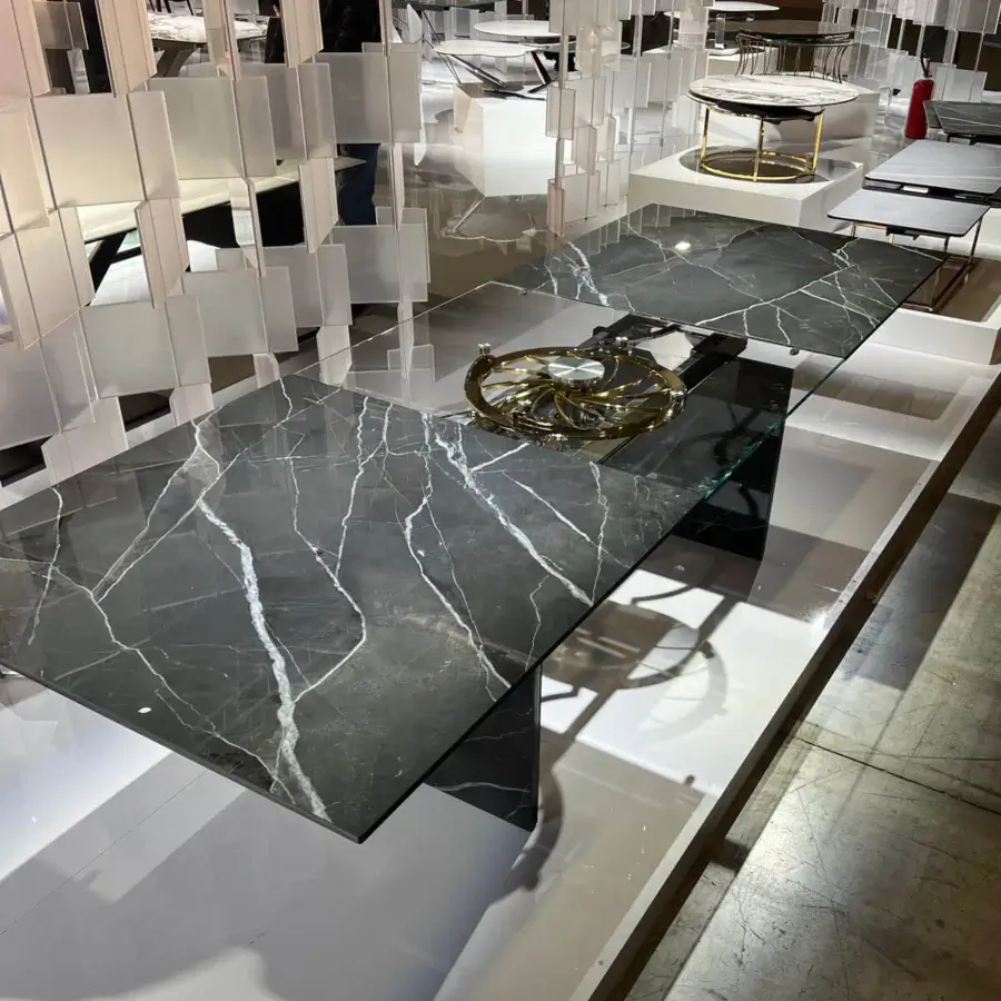 Superior Naos Quasar table crafted with dark marble-effect ceramic and stratified glass legs with glossy finish