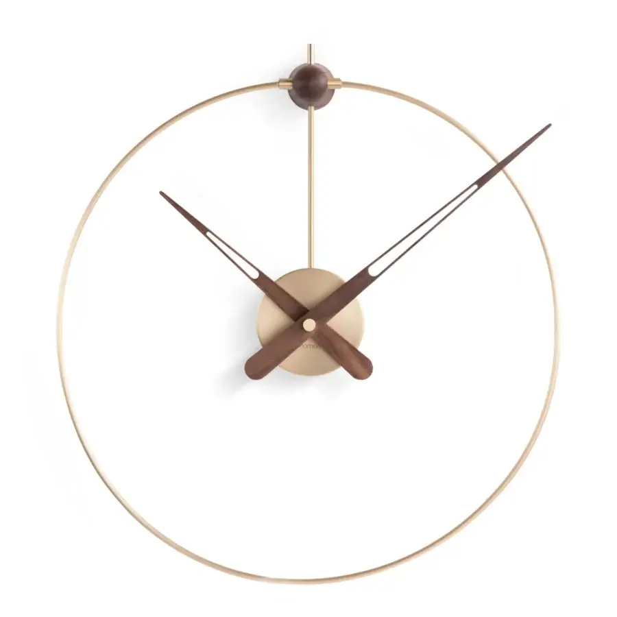 Exceptional Nomon Micro Anda wall clock with a gold-toned metallic ring and warm walnut wood hands