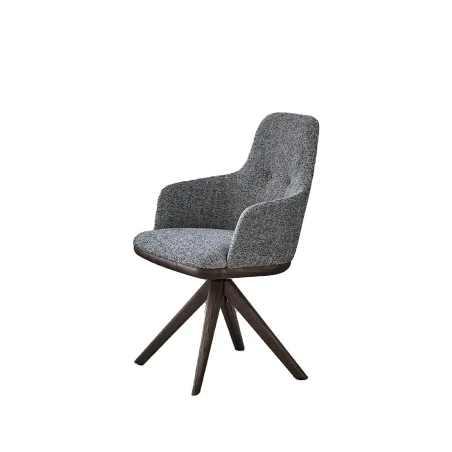 Elegant Porada Connie swiveling chair with gently curved ergonomic form and dark satin-finish solid wood base upholstered in textured gray textile