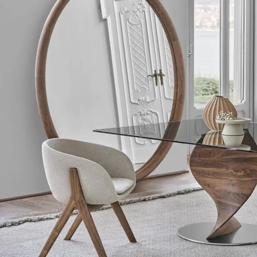 Distinctive Porada Lambda armchair with solid canaletta walnut frame and plush beige textile upholstery with satin finish