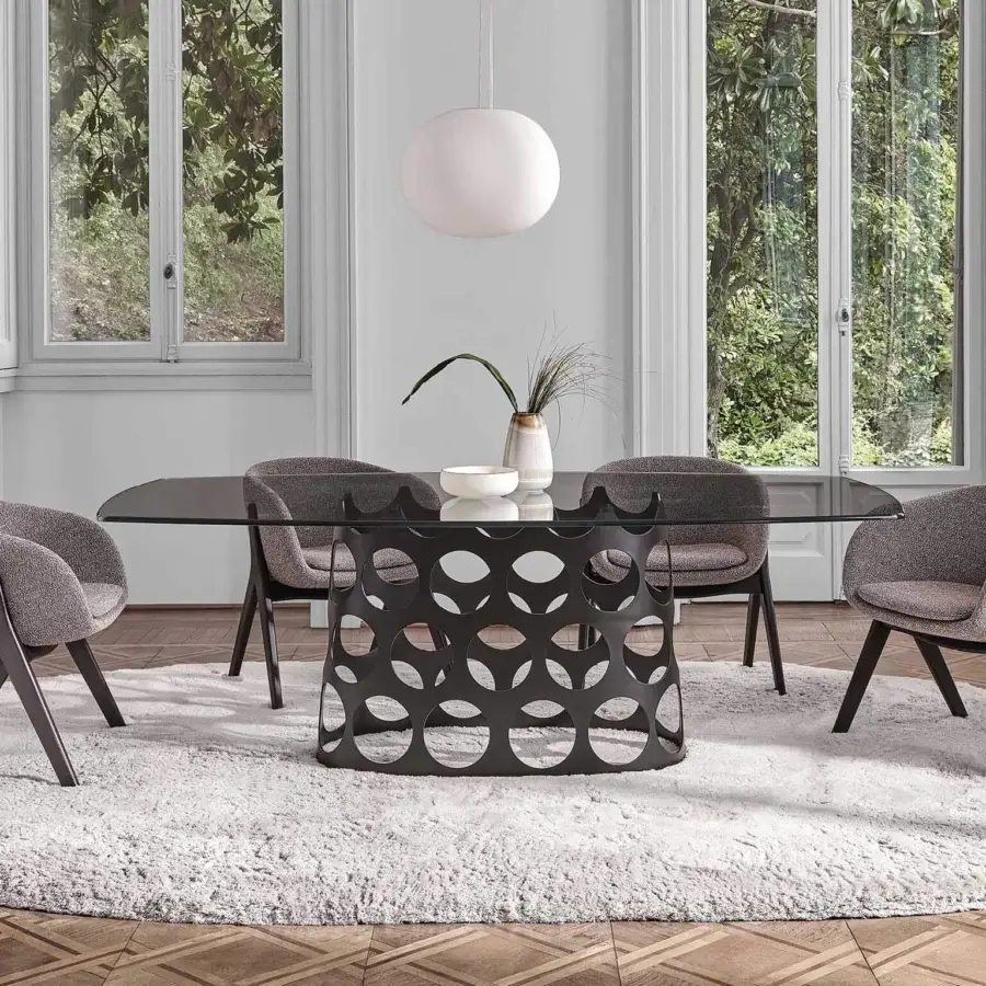 Superior Porada Lambda armchair with solid canaletta walnut frame and subtly heathered muted gray textile upholstery