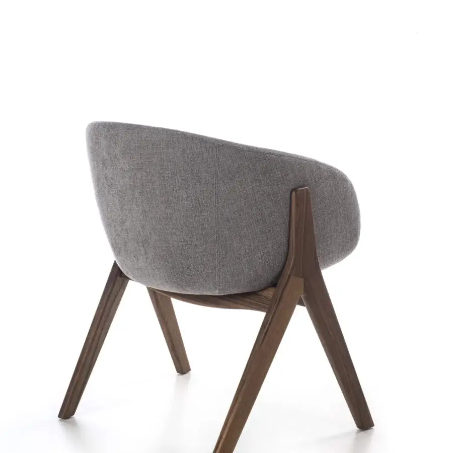 Elegant Porada Lambda armchair with canaletta walnut frame and subtly textured gray textile upholstery