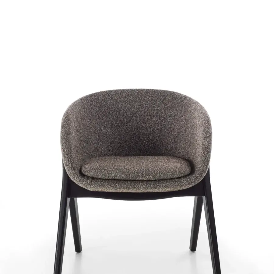 Distinctive Porada Lambda armchair with solid canaletta walnut frame and generously cushioned, muted gray-brown fabric upholstery