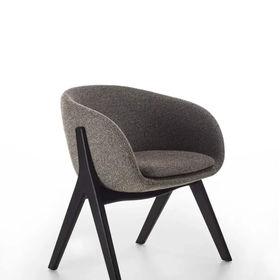 Superior Porada Lambda armchair with solid canaletta walnut frame and subtly speckled muted gray textile upholstery