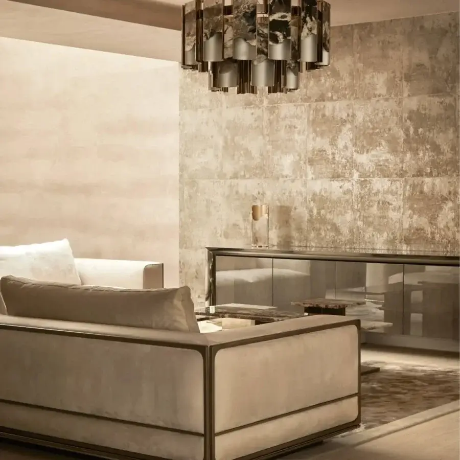 Sophisticated Visionnaire Polaris chandelier with curved aluminum, backlit onyx and a glossy satin finish