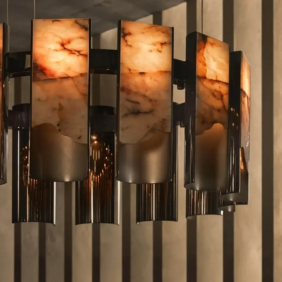 Exclusive Visionnaire Polaris chandelier with curved aluminum, backlit onyx and a satin interior finish