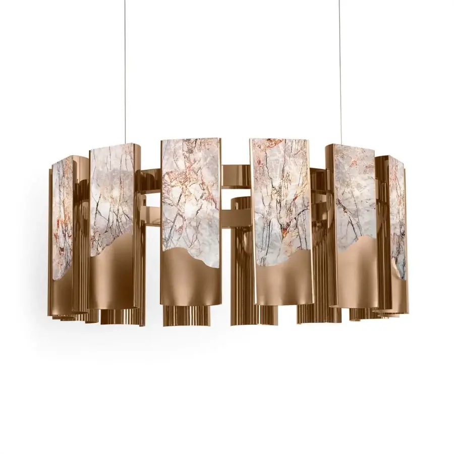Captivating Visionnaire Polaris chandelier with curved aluminum, backlit marble and a glossy satin finish