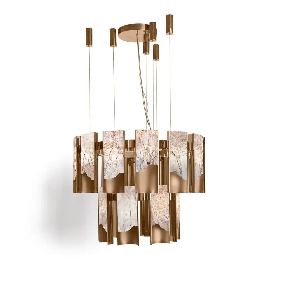 Distinguished Visionnaire Polaris chandelier with curved aluminum, marble diffusers and a glossy satin finish