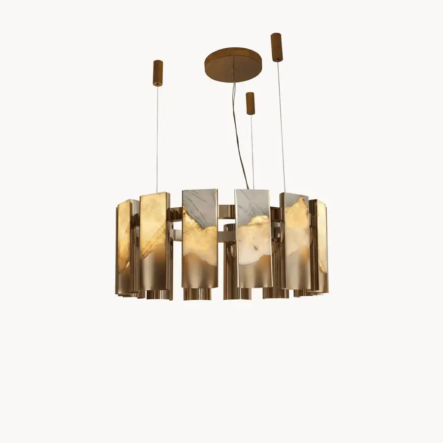 Exclusive Visionnaire Polaris chandelier with curved aluminum, onyx diffusers and glossy satin finish