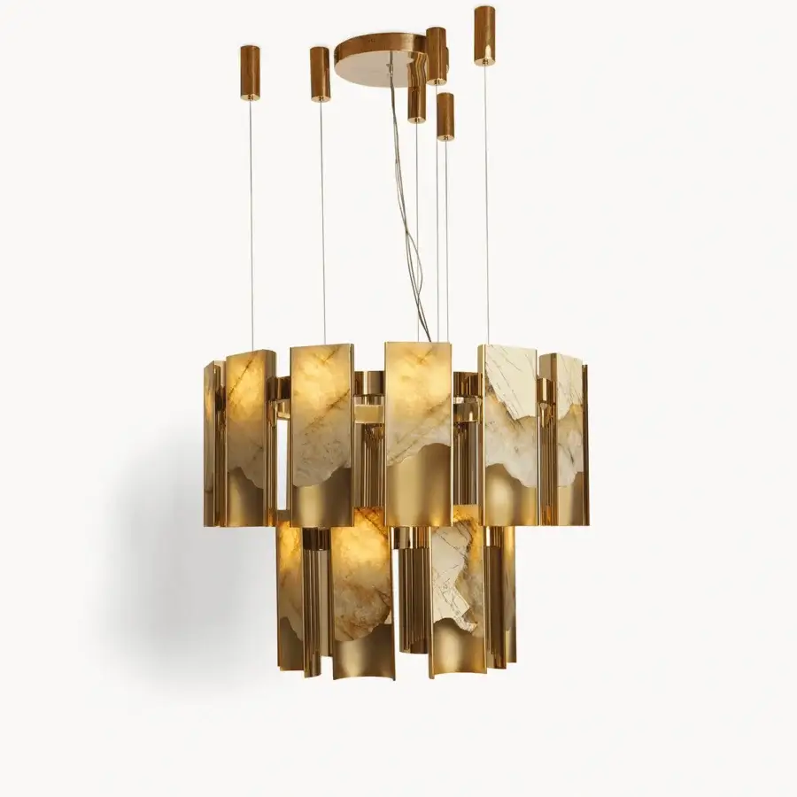 Superior Visionnaire Polaris chandelier with curved aluminum, backlit marble and glossy satin finish