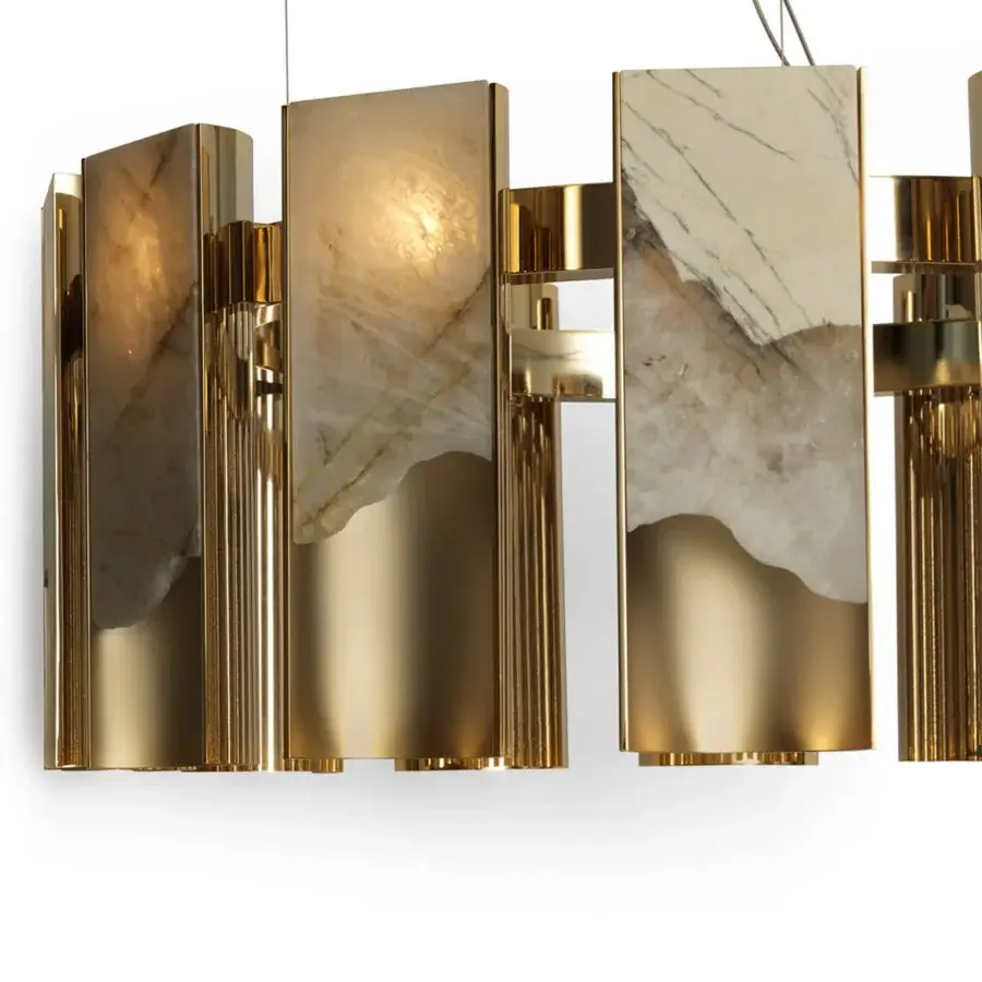 Captivating Visionnaire Polaris chandelier with curved aluminum, onyx diffusers and glossy satin finish