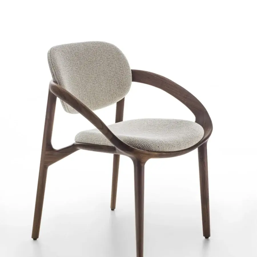Elegant Porada Molly armchair with canaletto walnut frame and light beige textile upholstery with satin finish